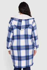 Womens Plus Size Plaid Sherpa Lined Long Open Front Hooded Shacket, Blue, Size 1X