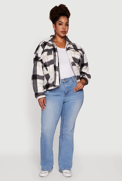Womens Plaid Sherpa Lined Snap Button Front Shacket,