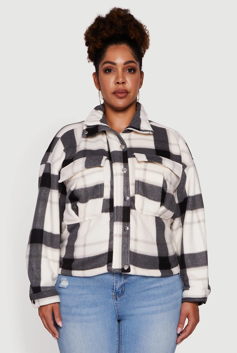 Womens Plaid Sherpa Lined Snap Button Front Shacket, Multi, Size 1X