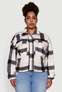 Womens Plaid Sherpa Lined Snap Button Front Shacket, Multi, Size 1X