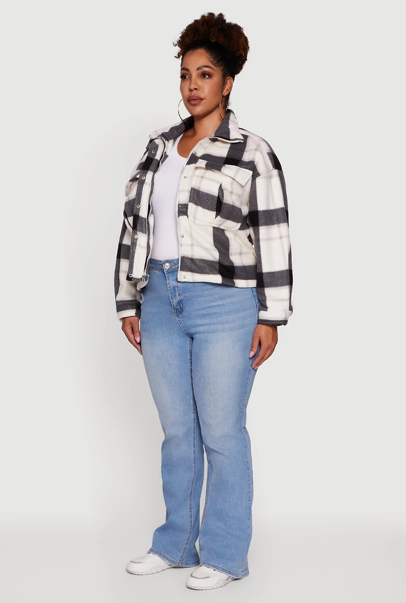 Womens Plaid Sherpa Lined Snap Button Front Shacket, Multi, Size 1X