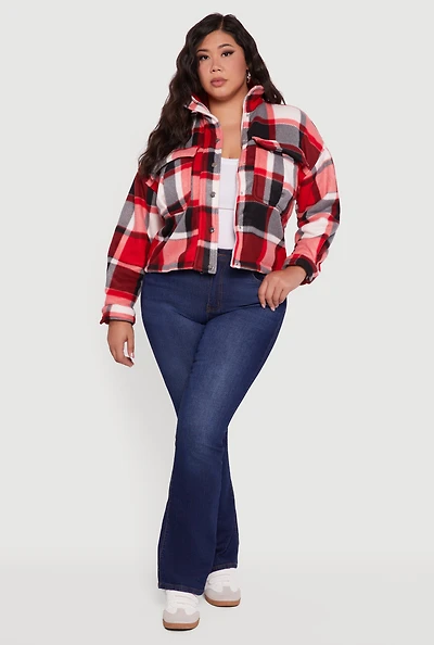 Womens Plus Size Plaid Sherpa Lined Snap Button Front Shacket, Red, Size 2X