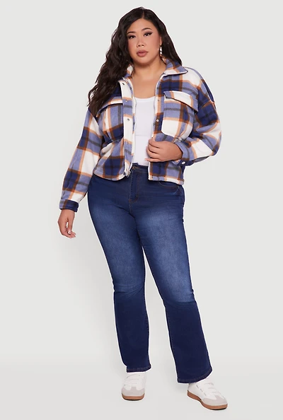 Womens Plaid Sherpa Lined Snap Button Front Shacket,