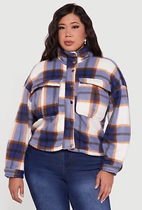 Womens Plaid Sherpa Lined Snap Button Front Shacket, 3X