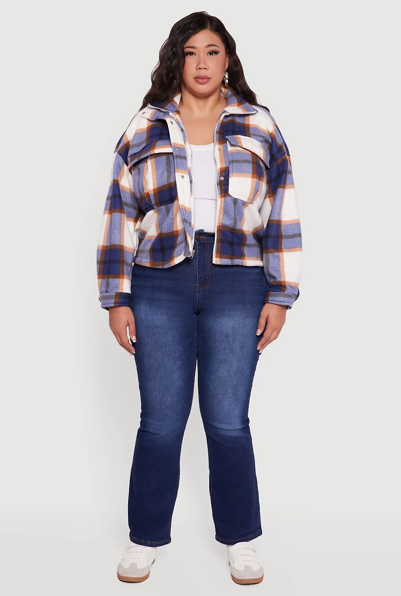 Womens Plaid Sherpa Lined Snap Button Front Shacket, 3X