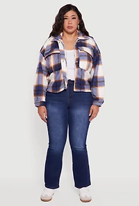 Womens Plus Size Plaid Sherpa Lined Snap Button Front Shacket, Blue, Size 2X