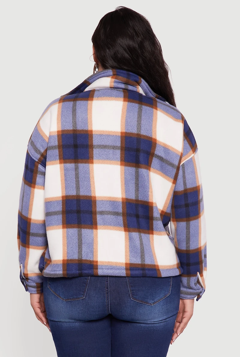 Womens Plus Size Plaid Sherpa Lined Snap Button Front Shacket, Blue, Size 2X