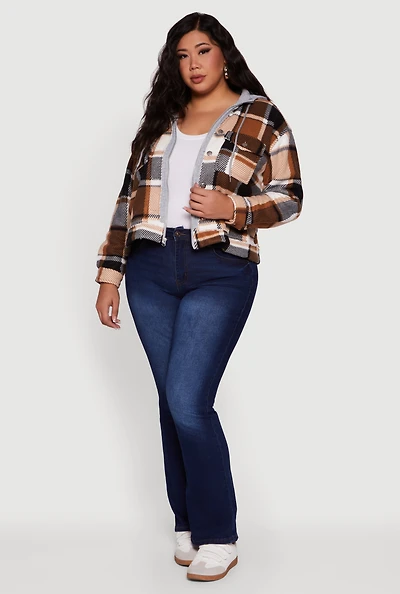 Womens Plus Size Plaid Sherpa Lined Hooded Shacket, Brown, Size 1X