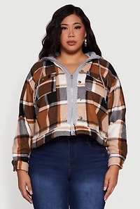 Womens Plus Size Plaid Sherpa Lined Hooded Shacket, Brown, Size 1X