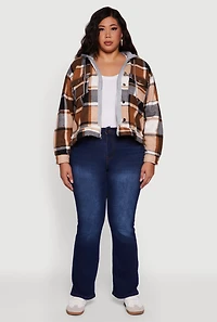 Womens Plus Size Plaid Sherpa Lined Hooded Shacket, Brown, Size 1X