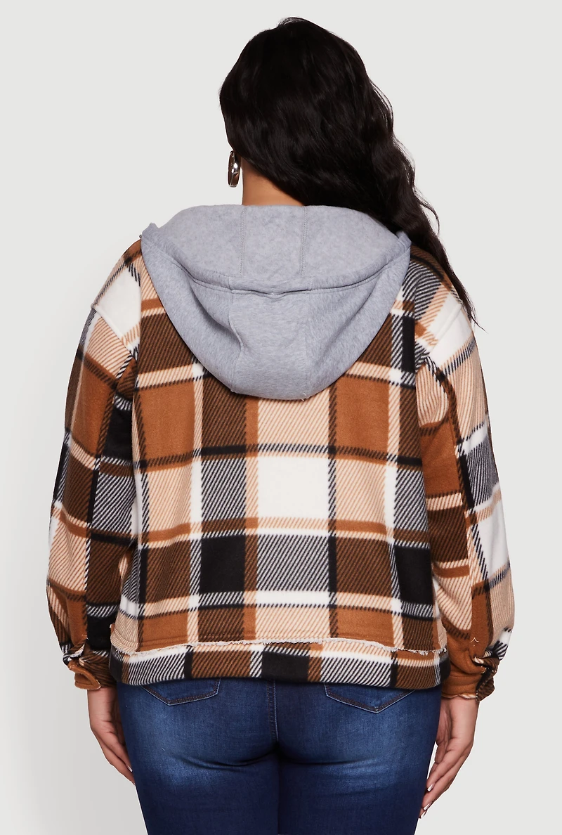 Womens Plus Size Plaid Sherpa Lined Hooded Shacket, Brown, Size 1X