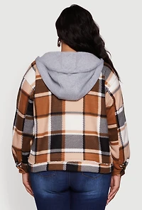 Womens Plus Size Plaid Sherpa Lined Hooded Shacket, Brown, Size 1X
