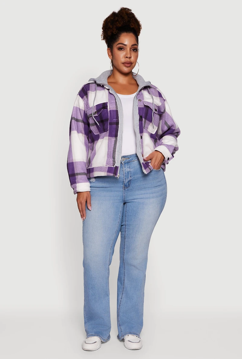 Womens Plus Size Plaid Sherpa Lined Hooded Shacket, Purple, Size 2X
