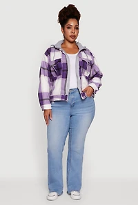 Womens Plus Size Plaid Sherpa Lined Hooded Shacket, Purple, Size 2X