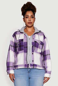 Womens Plus Size Plaid Sherpa Lined Hooded Shacket, Purple, Size 2X