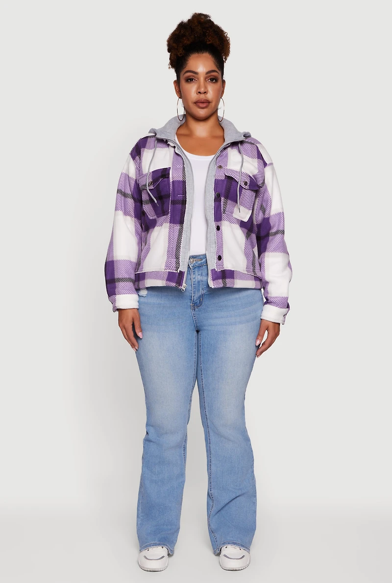 Womens Plus Size Plaid Sherpa Lined Hooded Shacket, Purple, Size 2X