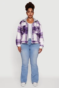 Womens Plus Size Plaid Sherpa Lined Hooded Shacket, Purple, Size 2X