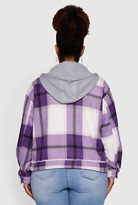 Womens Plus Size Plaid Sherpa Lined Hooded Shacket, Purple, Size 2X