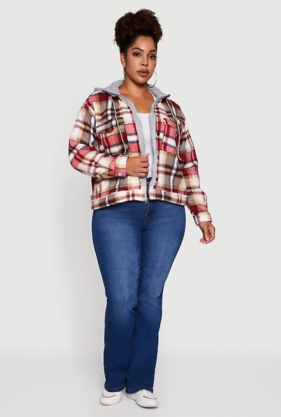 Womens Plus Size Plaid Sherpa Lined Hooded Shacket, Red, Size 3X