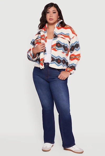 Womens Plus Size Sherpa Lined Aztec Pattern Fleece Jacket, Multi, Size 1X