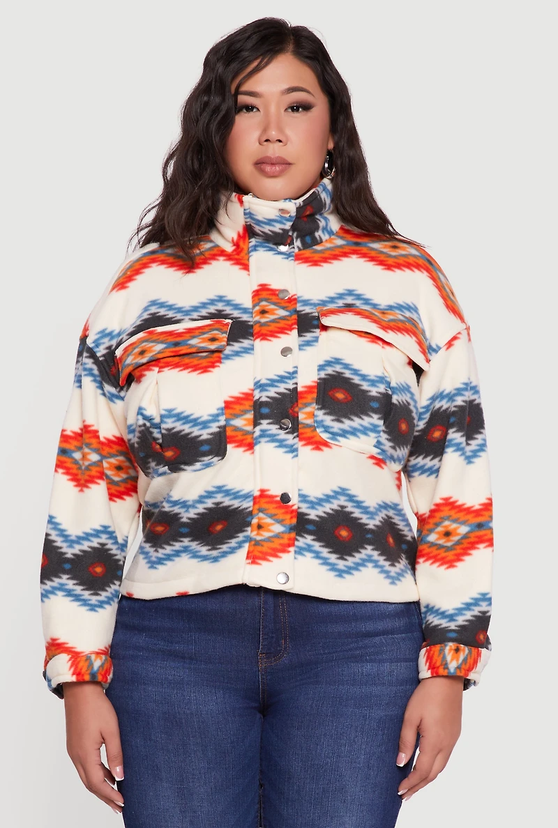 Womens Plus Sherpa Lined Aztec Pattern Fleece Jacket, Multi,