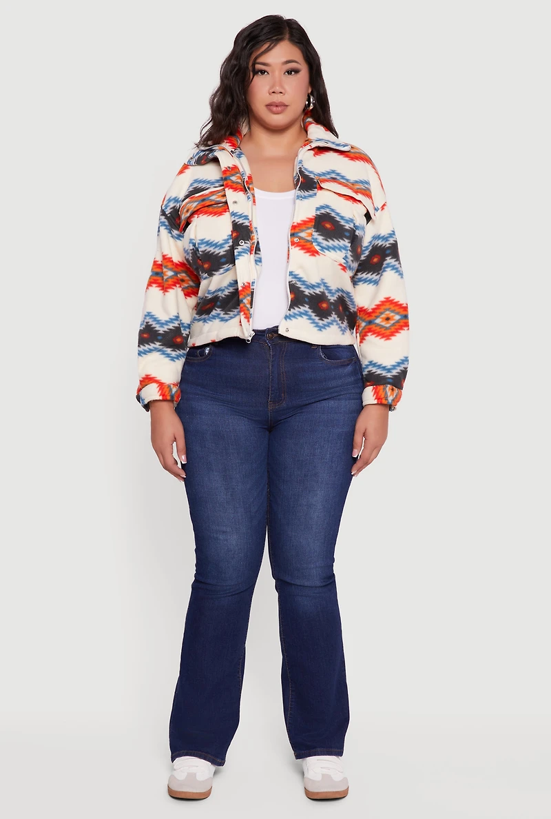 Womens Plus Sherpa Lined Aztec Pattern Fleece Jacket, Multi,