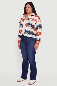 Womens Plus Sherpa Lined Aztec Pattern Fleece Jacket, Multi,