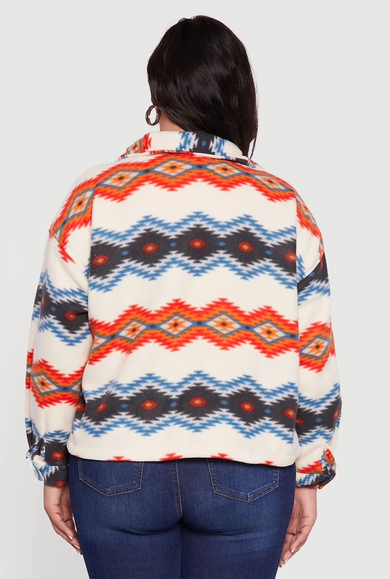 Womens Plus Sherpa Lined Aztec Pattern Fleece Jacket, Multi,