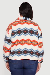 Womens Plus Sherpa Lined Aztec Pattern Fleece Jacket, Multi,