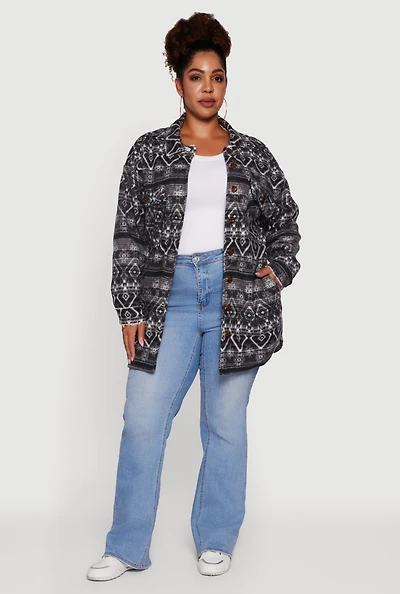 Womens Plus Size Fair Isle Print Sherpa Lined Fleece Shacket, Grey, Size 2X