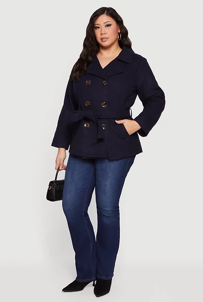 Womens Plus Size Wool Peacoat with Tie Waist Belt, Blue, Size 2X