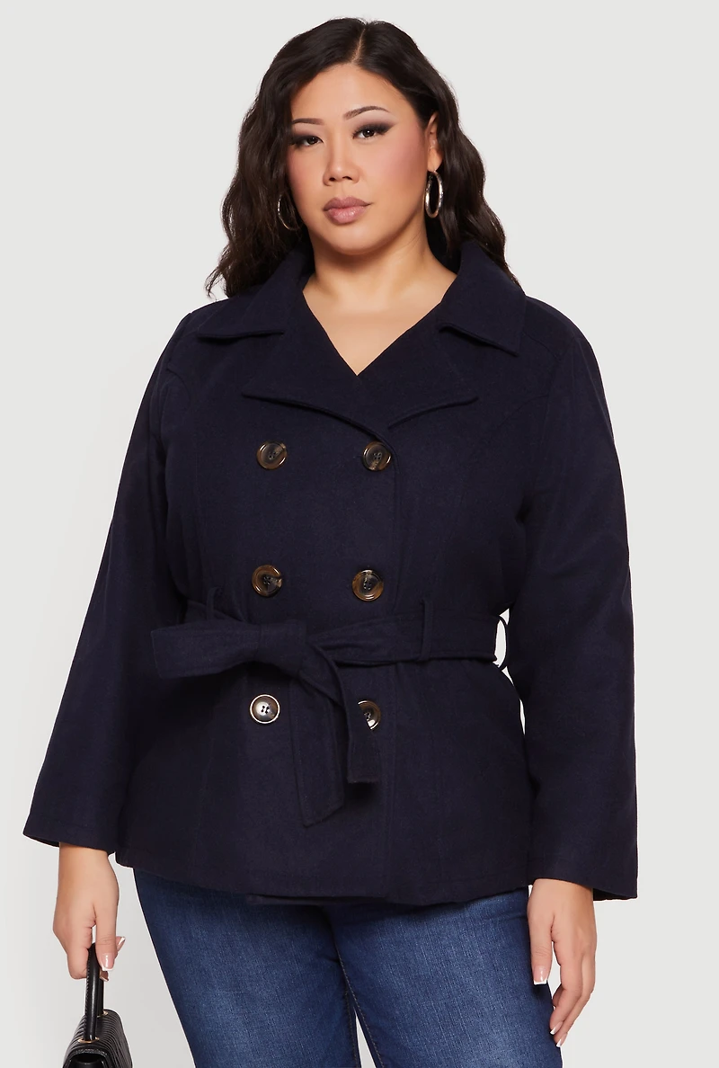 Womens Plus Size Wool Peacoat with Tie Waist Belt, Blue, Size 2X