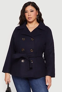 Womens Plus Size Wool Peacoat with Tie Waist Belt, Blue, Size 2X