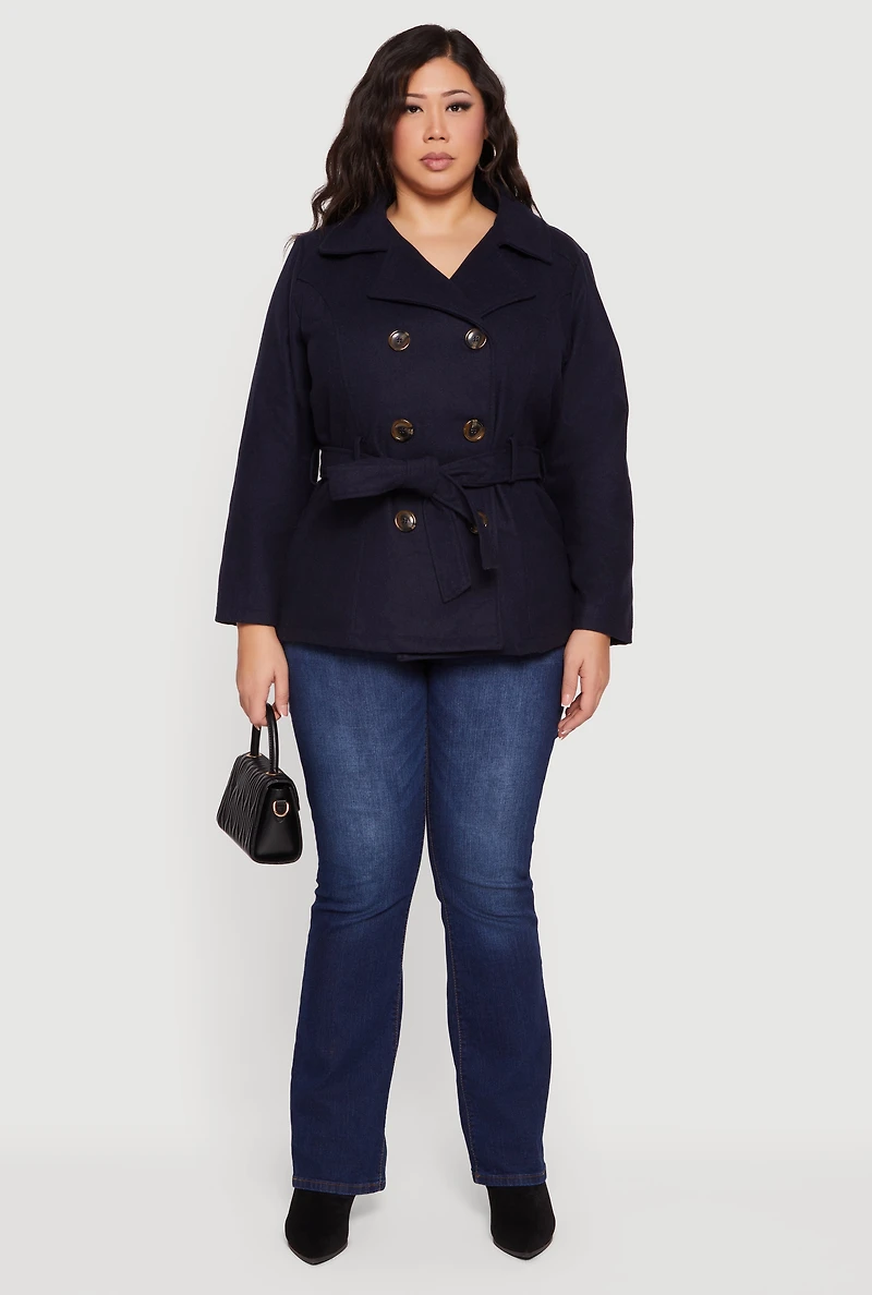 Womens Plus Size Wool Peacoat with Tie Waist Belt, Blue, Size 1X