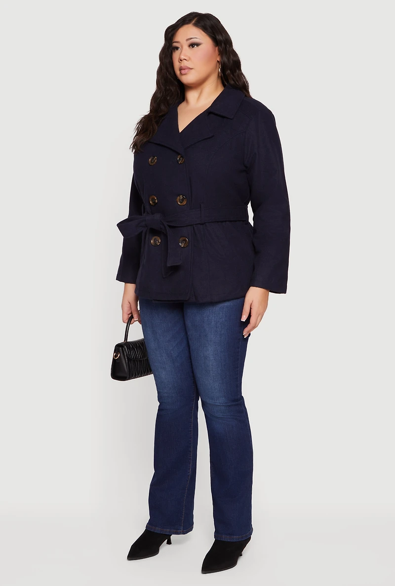 Womens Plus Size Wool Peacoat with Tie Waist Belt, Blue, Size 2X