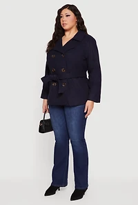 Womens Plus Size Wool Peacoat with Tie Waist Belt, Blue, Size 1X