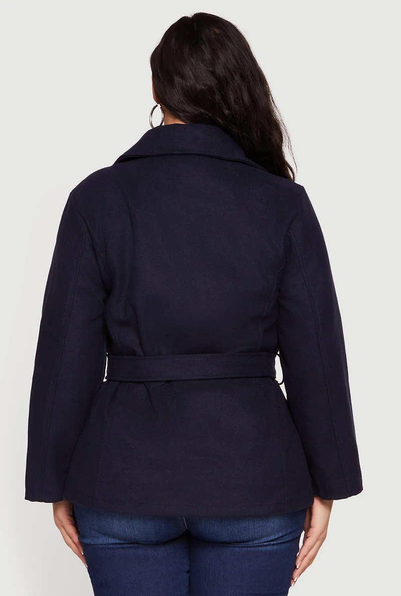 Plus Wool Peacoat with Tie Waist Belt