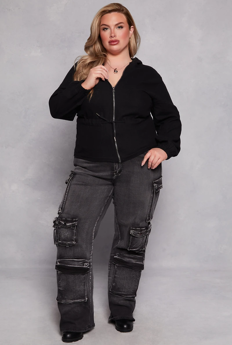 Plus Cinched Waist Zip Hooded Top