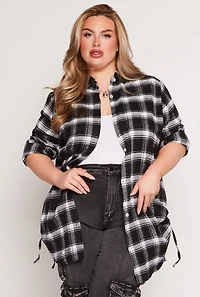 Womens Plus Size Ruched Side Button Front Shirt, Black, Size 3X