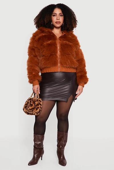 Plus Ribbed Faux Fur Cropped Zip Front Hooded Jacket