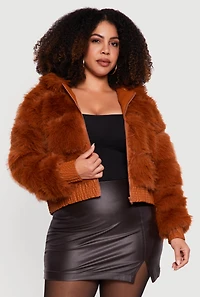 Plus Ribbed Faux Fur Cropped Zip Front Hooded Jacket