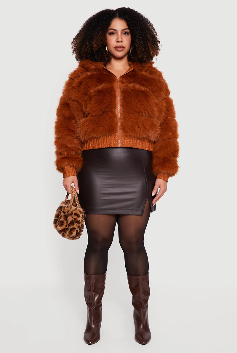Plus Ribbed Faux Fur Cropped Zip Front Hooded Jacket