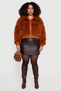 Plus Ribbed Faux Fur Cropped Zip Front Hooded Jacket
