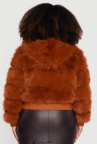 Plus Ribbed Faux Fur Cropped Zip Front Hooded Jacket