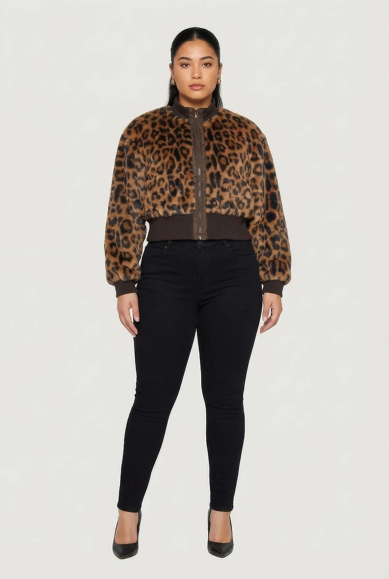 Plus Faux Fur Zip Front Leopard Print Jacket