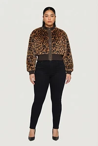 Plus Faux Fur Zip Front Leopard Print Jacket