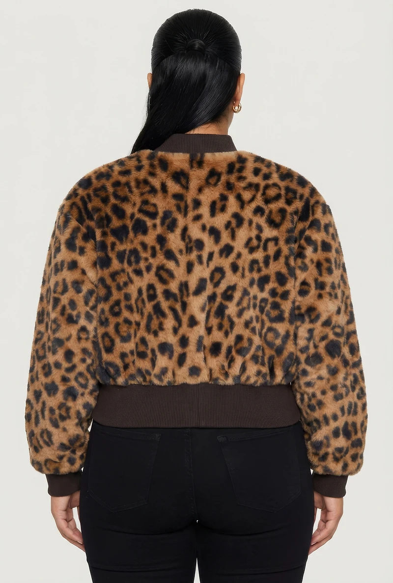 Plus Faux Fur Zip Front Leopard Print Jacket