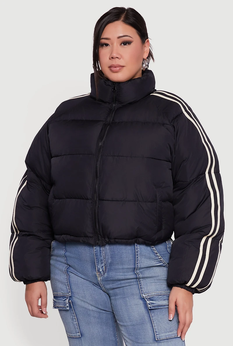 Plus Stripe Detail Zip Front Puffer Jacket