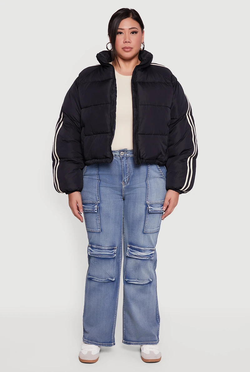 Plus Stripe Detail Zip Front Puffer Jacket