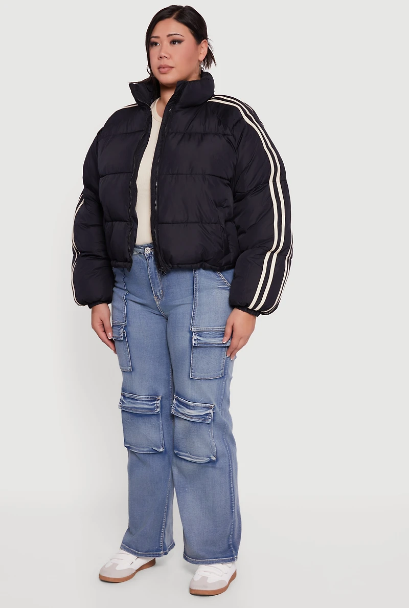 Plus Stripe Detail Zip Front Puffer Jacket